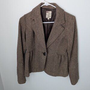 Tulle by Anthropologie Wool Blend Herringbone Brown Blazer, Medium